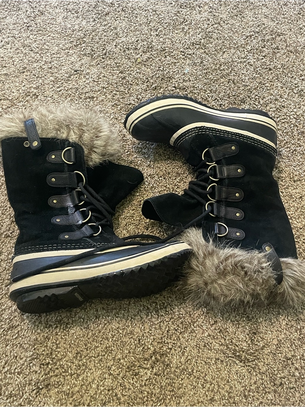 Sorel Black Faux Fur-Trim Lace-Up Winter Boots